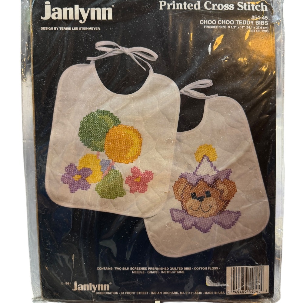 Janlynn Choo Choo Teddy Bibs Printed Cross Stitch Kit‎  Baby Shower Vintage New
